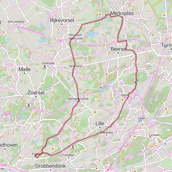 Map miniature of "Gravel Loop via Wechelderzande, Merksplas, and De Borrekens" cycling inspiration in Prov. Antwerpen, Belgium. Generated by Tarmacs.app cycling route planner