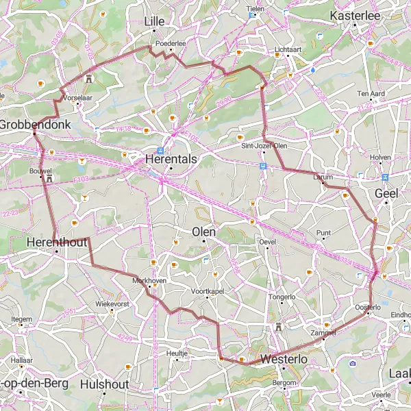 Miniatuurkaart van de fietsinspiratie "Pulle - Grobbendonk - Poederlee - Larum - Zoerle-Parwijs - Herenthout - Pulle" in Prov. Antwerpen, Belgium. Gemaakt door de Tarmacs.app fietsrouteplanner