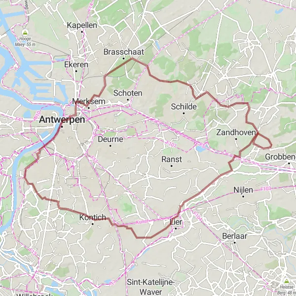 Miniature de la carte de l'inspiration cycliste "Parcours de cyclisme gravel près de Pulle" dans la Prov. Antwerpen, Belgium. Générée par le planificateur d'itinéraire cycliste Tarmacs.app