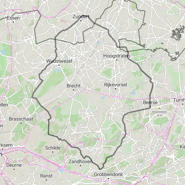 Map miniature of "Road Loop via Sint-Job-in-'t-Goor, Pulle, and Wechelderzande" cycling inspiration in Prov. Antwerpen, Belgium. Generated by Tarmacs.app cycling route planner
