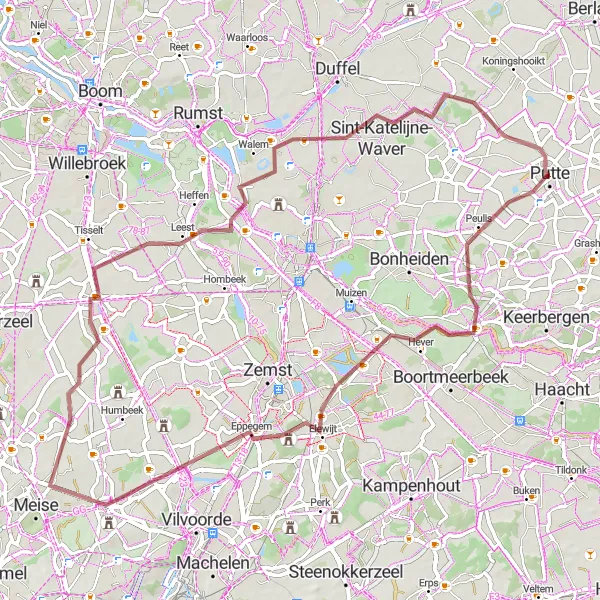 Miniature de la carte de l'inspiration cycliste "Circuit de Schiplaken et Grimbergen" dans la Prov. Antwerpen, Belgium. Générée par le planificateur d'itinéraire cycliste Tarmacs.app