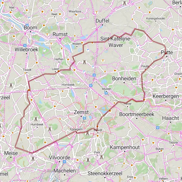 Karten-Miniaturansicht der Radinspiration "Abenteuerliche Graveltour durch Schiplaken und Sint-Katelijne-Waver" in Prov. Antwerpen, Belgium. Erstellt vom Tarmacs.app-Routenplaner für Radtouren