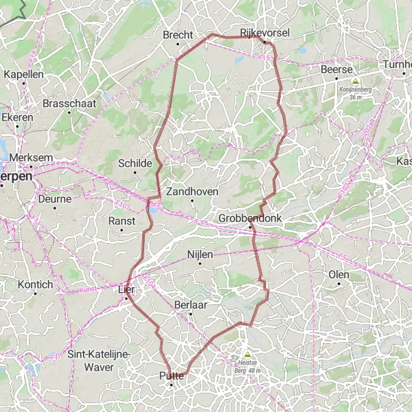 Miniature de la carte de l'inspiration cycliste "Parcours de gravel de 89 km autour de Putte" dans la Prov. Antwerpen, Belgium. Générée par le planificateur d'itinéraire cycliste Tarmacs.app