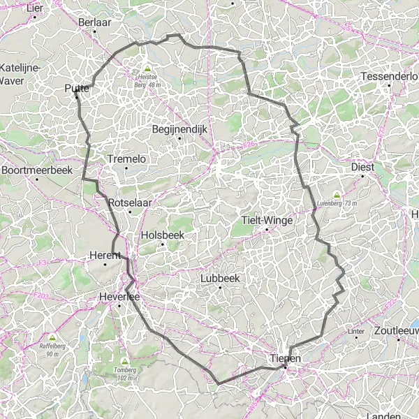 Map miniature of "The Hill Challenge" cycling inspiration in Prov. Antwerpen, Belgium. Generated by Tarmacs.app cycling route planner