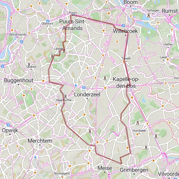 Map miniature of "Gravel Adventure: Kapelle-op-den-Bos to Lippelo" cycling inspiration in Prov. Antwerpen, Belgium. Generated by Tarmacs.app cycling route planner