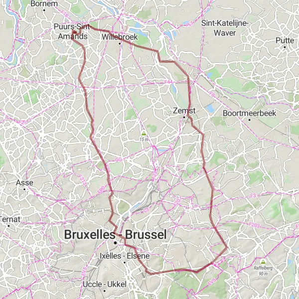 Miniatuurkaart van de fietsinspiratie "Gravelroute door Puurs en omgeving" in Prov. Antwerpen, Belgium. Gemaakt door de Tarmacs.app fietsrouteplanner