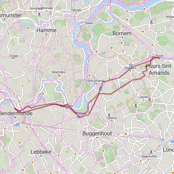 Karten-Miniaturansicht der Radinspiration "Gravel-Tour von Puurs nach Oppuurs" in Prov. Antwerpen, Belgium. Erstellt vom Tarmacs.app-Routenplaner für Radtouren