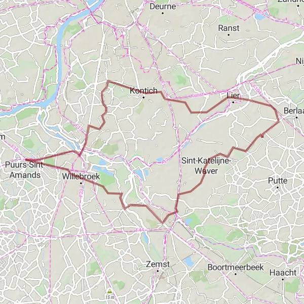 Miniatuurkaart van de fietsinspiratie "Gravelroute langs historische plaatsen" in Prov. Antwerpen, Belgium. Gemaakt door de Tarmacs.app fietsrouteplanner
