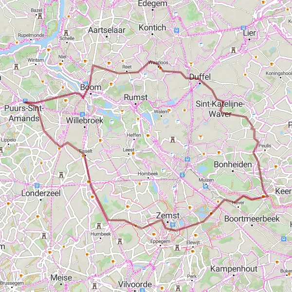 Karten-Miniaturansicht der Radinspiration "Gravelfahrt durch malerische Dörfer" in Prov. Antwerpen, Belgium. Erstellt vom Tarmacs.app-Routenplaner für Radtouren