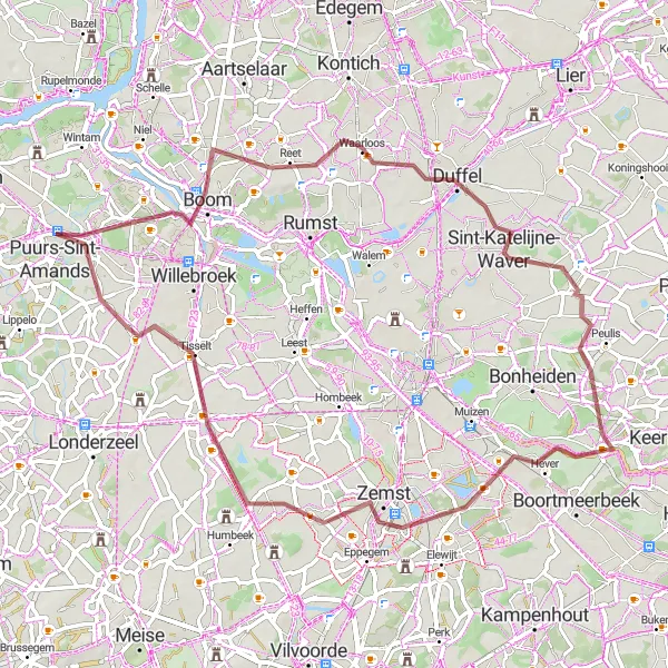 Miniatuurkaart van de fietsinspiratie "Gravelroute langs Puurs en omgeving" in Prov. Antwerpen, Belgium. Gemaakt door de Tarmacs.app fietsrouteplanner