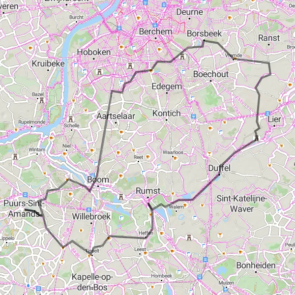 Miniature de la carte de l'inspiration cycliste "La Route des Abbayes et des Châteaux" dans la Prov. Antwerpen, Belgium. Générée par le planificateur d'itinéraire cycliste Tarmacs.app