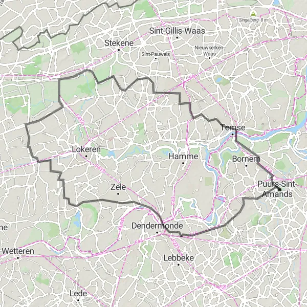 Miniature de la carte de l'inspiration cycliste "Le Tour des Moulins au Pays des Vents" dans la Prov. Antwerpen, Belgium. Générée par le planificateur d'itinéraire cycliste Tarmacs.app