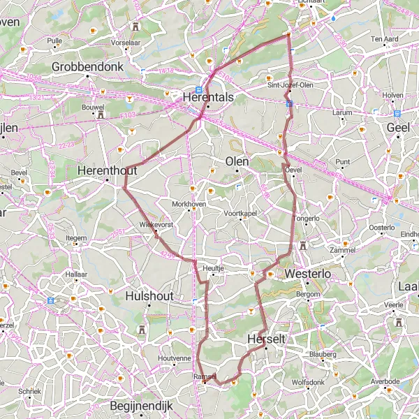 Miniature de la carte de l'inspiration cycliste "Aventure gravel dans les environs de Ramsel" dans la Prov. Antwerpen, Belgium. Générée par le planificateur d'itinéraire cycliste Tarmacs.app