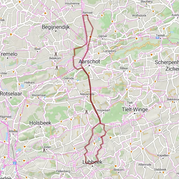 Map miniature of "Lubbeek and Houwaart Gravel Ride" cycling inspiration in Prov. Antwerpen, Belgium. Generated by Tarmacs.app cycling route planner