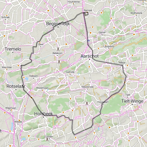 Miniatuurkaart van de fietsinspiratie "Wegroute door Rillaar en Balenberg" in Prov. Antwerpen, Belgium. Gemaakt door de Tarmacs.app fietsrouteplanner