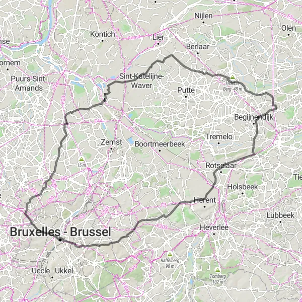 Miniature de la carte de l'inspiration cycliste "Parcours Route à travers la Campagne Flamande" dans la Prov. Antwerpen, Belgium. Générée par le planificateur d'itinéraire cycliste Tarmacs.app