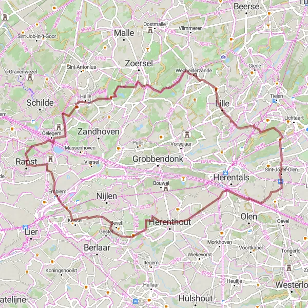 Map miniature of "Wechelderzande Gravel Adventure" cycling inspiration in Prov. Antwerpen, Belgium. Generated by Tarmacs.app cycling route planner