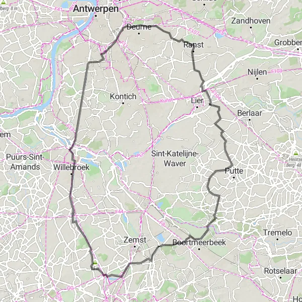 Map miniature of "Ranst Exploration" cycling inspiration in Prov. Antwerpen, Belgium. Generated by Tarmacs.app cycling route planner