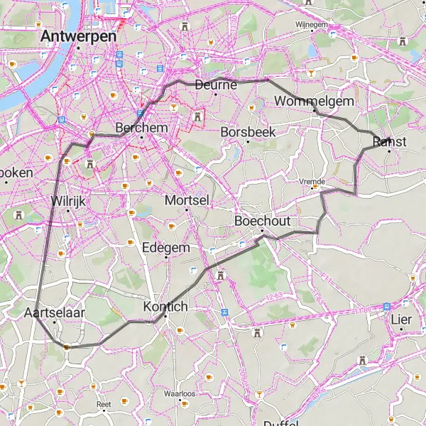 Miniatuurkaart van de fietsinspiratie "Ontdek Kontich en Wommelgem per fiets" in Prov. Antwerpen, Belgium. Gemaakt door de Tarmacs.app fietsrouteplanner