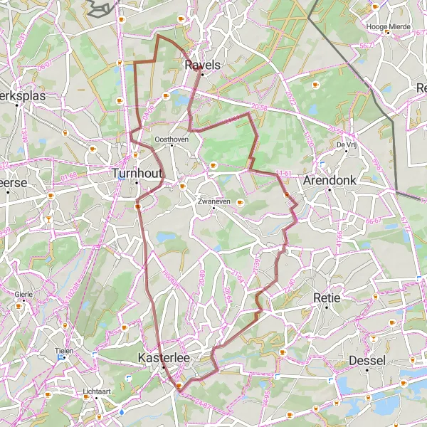 Karten-Miniaturansicht der Radinspiration "Gravelabenteuer Kasterlee" in Prov. Antwerpen, Belgium. Erstellt vom Tarmacs.app-Routenplaner für Radtouren