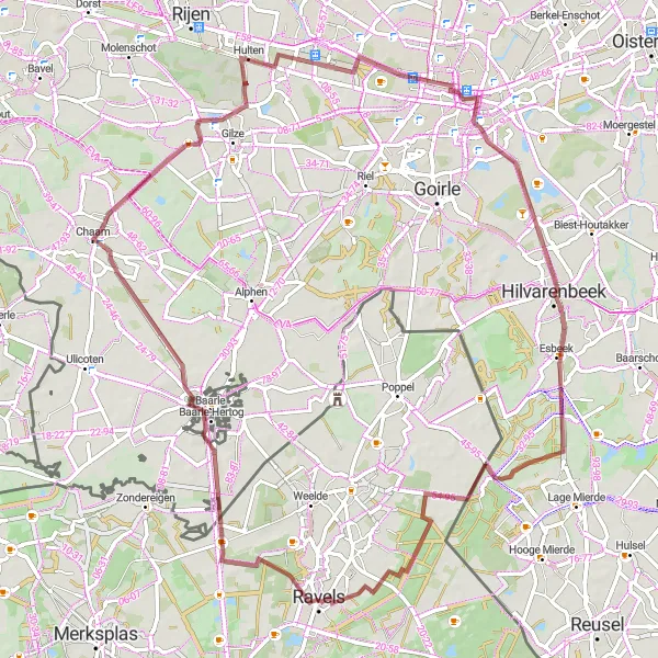 Map miniature of "Gravel Adventure from Ravels to Hilvarenbeek" cycling inspiration in Prov. Antwerpen, Belgium. Generated by Tarmacs.app cycling route planner