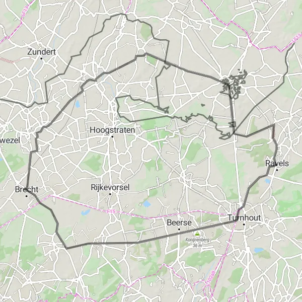 Miniatuurkaart van de fietsinspiratie "Schilderachtige wegfietsroute door bosrijk gebied" in Prov. Antwerpen, Belgium. Gemaakt door de Tarmacs.app fietsrouteplanner