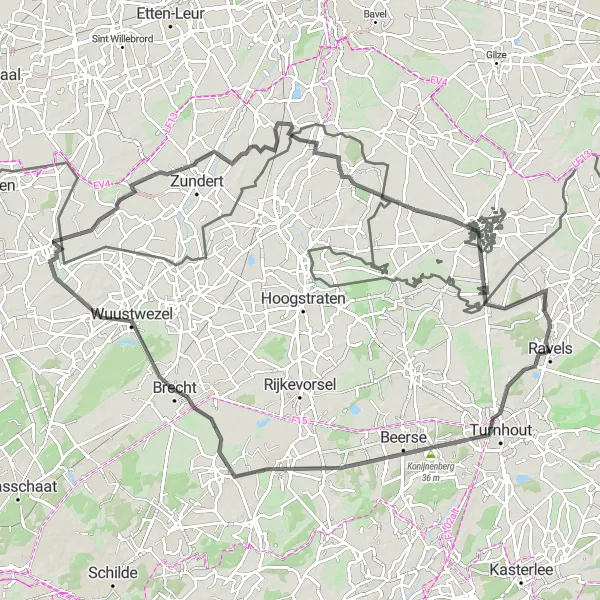 Miniature de la carte de l'inspiration cycliste "Les collines de la Campine" dans la Prov. Antwerpen, Belgium. Générée par le planificateur d'itinéraire cycliste Tarmacs.app