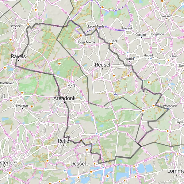 Miniatuurkaart van de fietsinspiratie "Pittoreske dorpen en historische torens" in Prov. Antwerpen, Belgium. Gemaakt door de Tarmacs.app fietsrouteplanner
