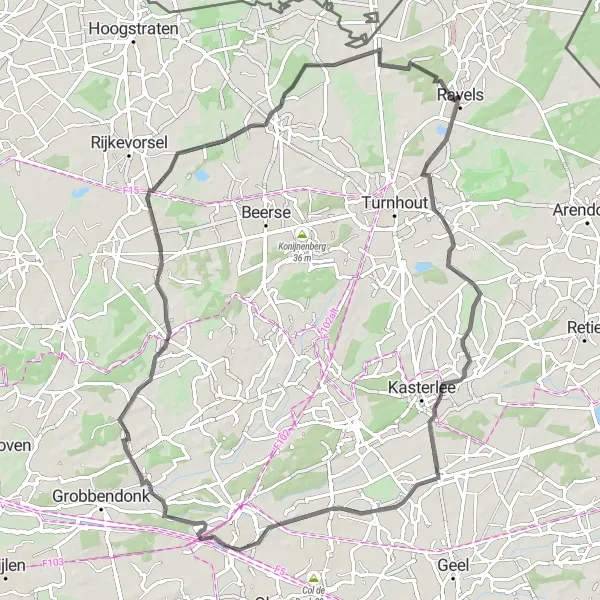 Miniature de la carte de l'inspiration cycliste "Parcours à vélo de route près de Ravels" dans la Prov. Antwerpen, Belgium. Générée par le planificateur d'itinéraire cycliste Tarmacs.app