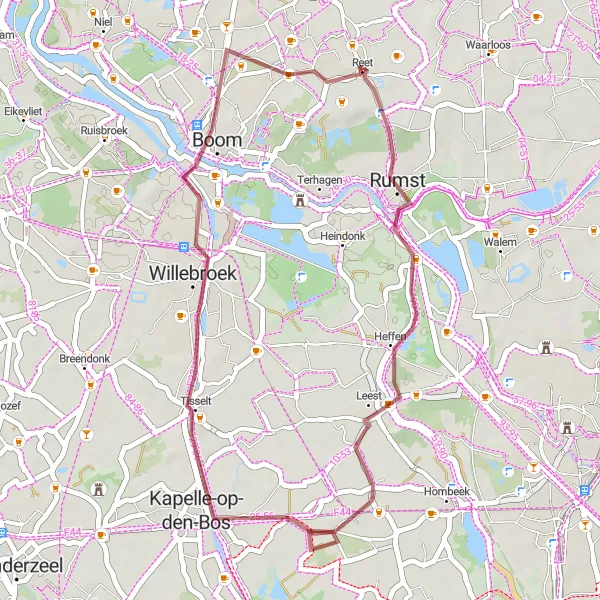 Miniatuurkaart van de fietsinspiratie "Korte graveltocht door Reet met Zennegat en Tisselt" in Prov. Antwerpen, Belgium. Gemaakt door de Tarmacs.app fietsrouteplanner