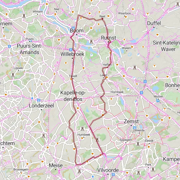 Miniature de la carte de l'inspiration cycliste "Parcours Gravel à Heffen et Tisselt" dans la Prov. Antwerpen, Belgium. Générée par le planificateur d'itinéraire cycliste Tarmacs.app