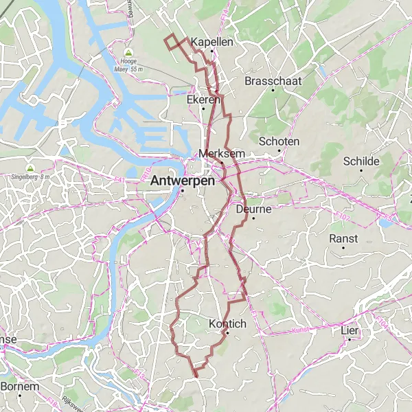 Miniatuurkaart van de fietsinspiratie "Ontdek Mortsel en Hoevenen per gravelbike" in Prov. Antwerpen, Belgium. Gemaakt door de Tarmacs.app fietsrouteplanner