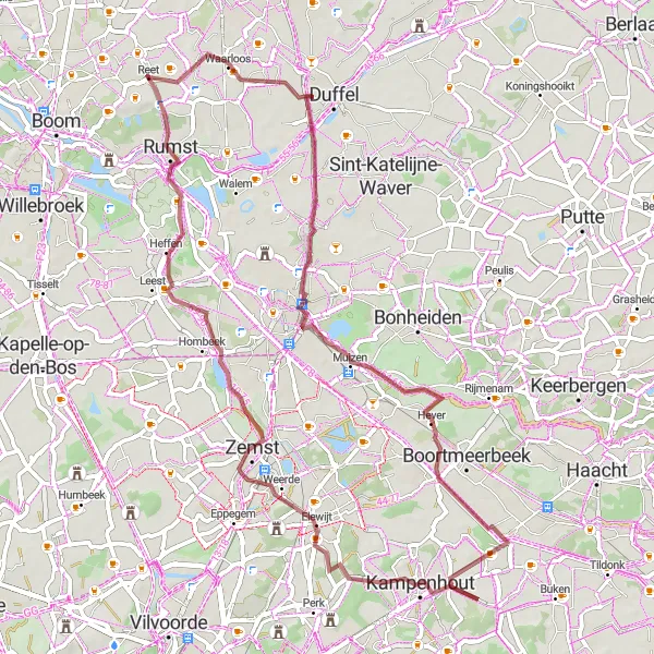 Miniature de la carte de l'inspiration cycliste "Parcours Gravel autour de Reet" dans la Prov. Antwerpen, Belgium. Générée par le planificateur d'itinéraire cycliste Tarmacs.app