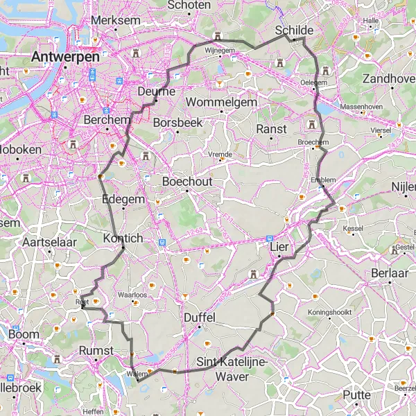 Map miniature of "Kontich to Reet Road Cycling Route" cycling inspiration in Prov. Antwerpen, Belgium. Generated by Tarmacs.app cycling route planner