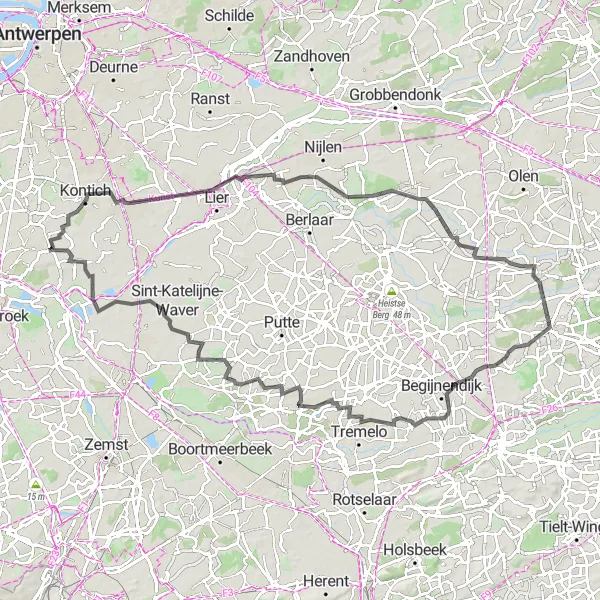 Miniature de la carte de l'inspiration cycliste "Itinéraire Routier de Kontich à Walem" dans la Prov. Antwerpen, Belgium. Générée par le planificateur d'itinéraire cycliste Tarmacs.app