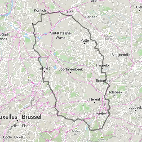 Map miniature of "Challenging Road Adventure" cycling inspiration in Prov. Antwerpen, Belgium. Generated by Tarmacs.app cycling route planner