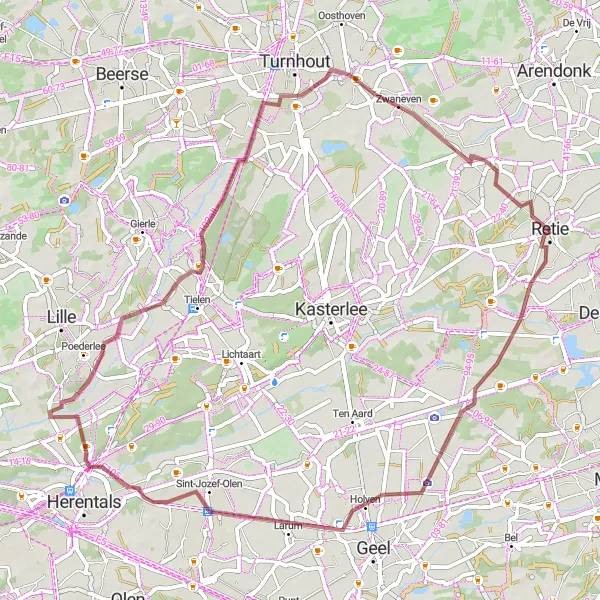 Miniature de la carte de l'inspiration cycliste "Itinéraire de Gravel vers Oud-Turnhout" dans la Prov. Antwerpen, Belgium. Générée par le planificateur d'itinéraire cycliste Tarmacs.app