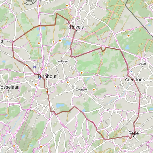 Miniature de la carte de l'inspiration cycliste "Tour de Retie et autour: Gravier" dans la Prov. Antwerpen, Belgium. Générée par le planificateur d'itinéraire cycliste Tarmacs.app