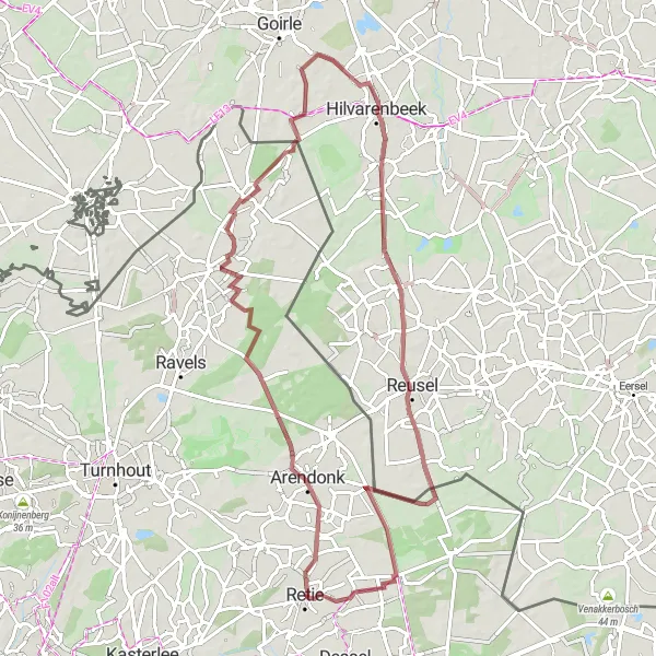 Miniatuurkaart van de fietsinspiratie "De Grensoverschrijdende Gravelroute" in Prov. Antwerpen, Belgium. Gemaakt door de Tarmacs.app fietsrouteplanner