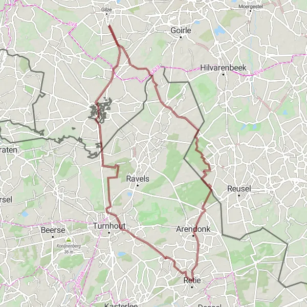 Miniature de la carte de l'inspiration cycliste "Parcours de Gravel vers Baarle-Nassau" dans la Prov. Antwerpen, Belgium. Générée par le planificateur d'itinéraire cycliste Tarmacs.app