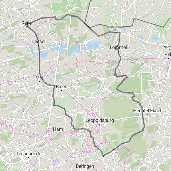 Karten-Miniaturansicht der Radinspiration "Rundfahrt von Retie nach Dessel" in Prov. Antwerpen, Belgium. Erstellt vom Tarmacs.app-Routenplaner für Radtouren