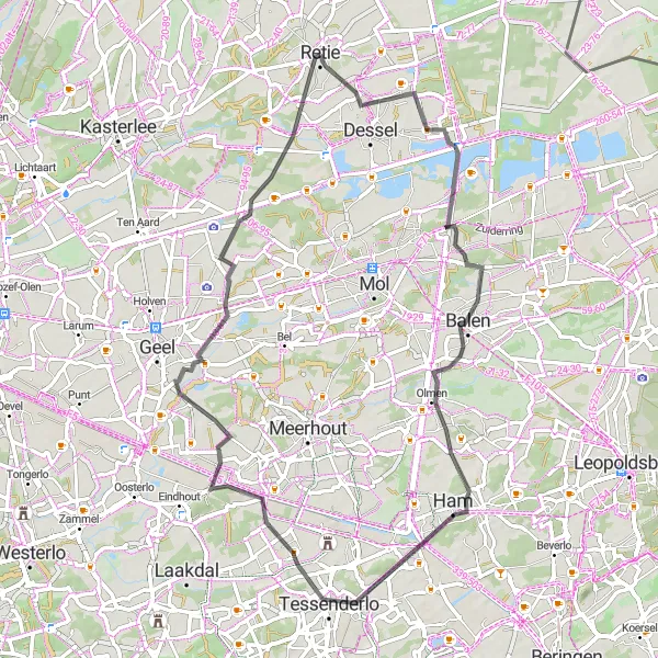 Miniature de la carte de l'inspiration cycliste "Tour de Witgoor: Sur les routes flamandes" dans la Prov. Antwerpen, Belgium. Générée par le planificateur d'itinéraire cycliste Tarmacs.app