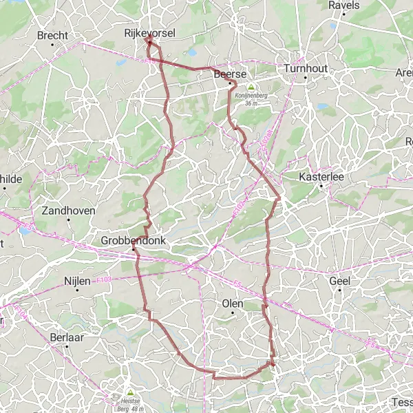 Miniature de la carte de l'inspiration cycliste "Parcours de Gravel à Rijkevorsel et alentours" dans la Prov. Antwerpen, Belgium. Générée par le planificateur d'itinéraire cycliste Tarmacs.app