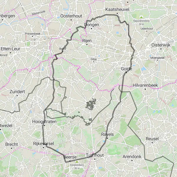 Miniature de la carte de l'inspiration cycliste "Route des lumières nocturnes" dans la Prov. Antwerpen, Belgium. Générée par le planificateur d'itinéraire cycliste Tarmacs.app