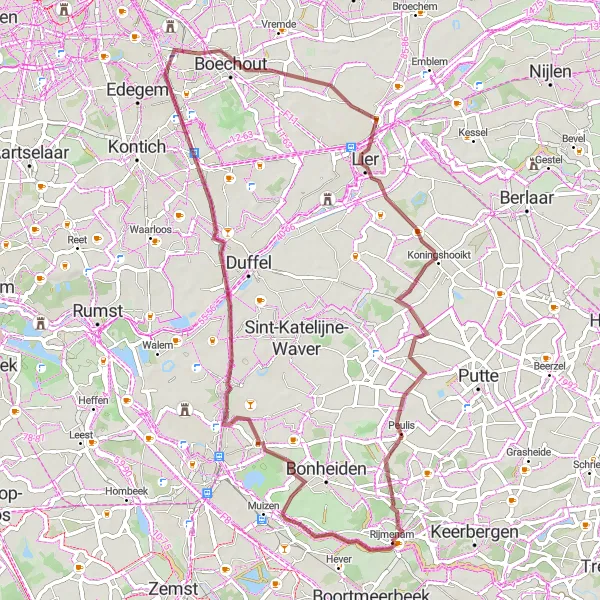 Miniatuurkaart van de fietsinspiratie "TPM14 naar Rijmenam" in Prov. Antwerpen, Belgium. Gemaakt door de Tarmacs.app fietsrouteplanner