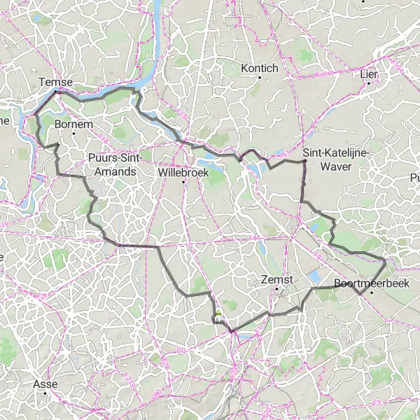 Karten-Miniaturansicht der Radinspiration "Die Tour durch das flämische Hinterland" in Prov. Antwerpen, Belgium. Erstellt vom Tarmacs.app-Routenplaner für Radtouren