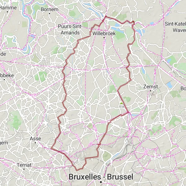 Map miniature of "Rumst - Heffen - Verbrande Brug - Zellik - Steenhuffel - Vogelkijkhut Visarend - Kasteel De Bocht" cycling inspiration in Prov. Antwerpen, Belgium. Generated by Tarmacs.app cycling route planner