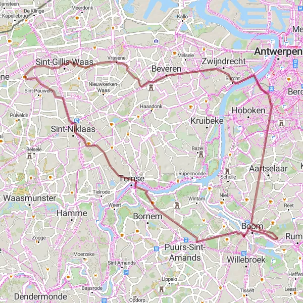 Map miniature of "Rumst to Sint-Gillis-Waas and back" cycling inspiration in Prov. Antwerpen, Belgium. Generated by Tarmacs.app cycling route planner