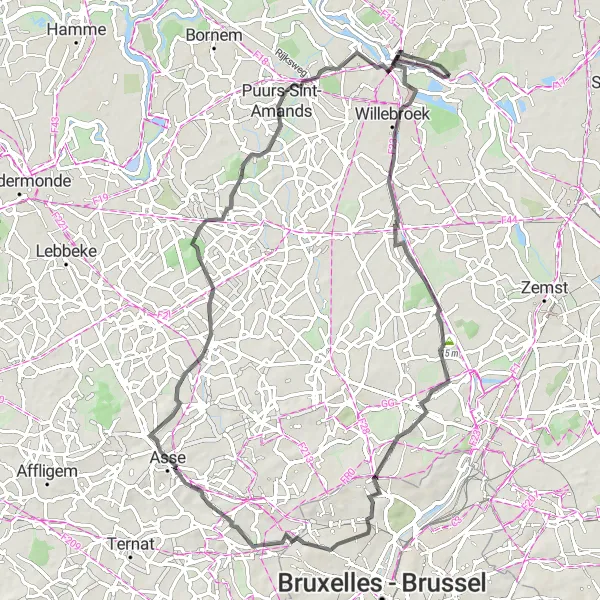 Map miniature of "Rumst to Ruisbroek and back" cycling inspiration in Prov. Antwerpen, Belgium. Generated by Tarmacs.app cycling route planner