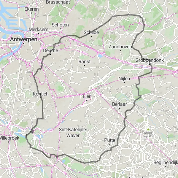 Map miniature of "Rumst to Grobbendonk and back" cycling inspiration in Prov. Antwerpen, Belgium. Generated by Tarmacs.app cycling route planner